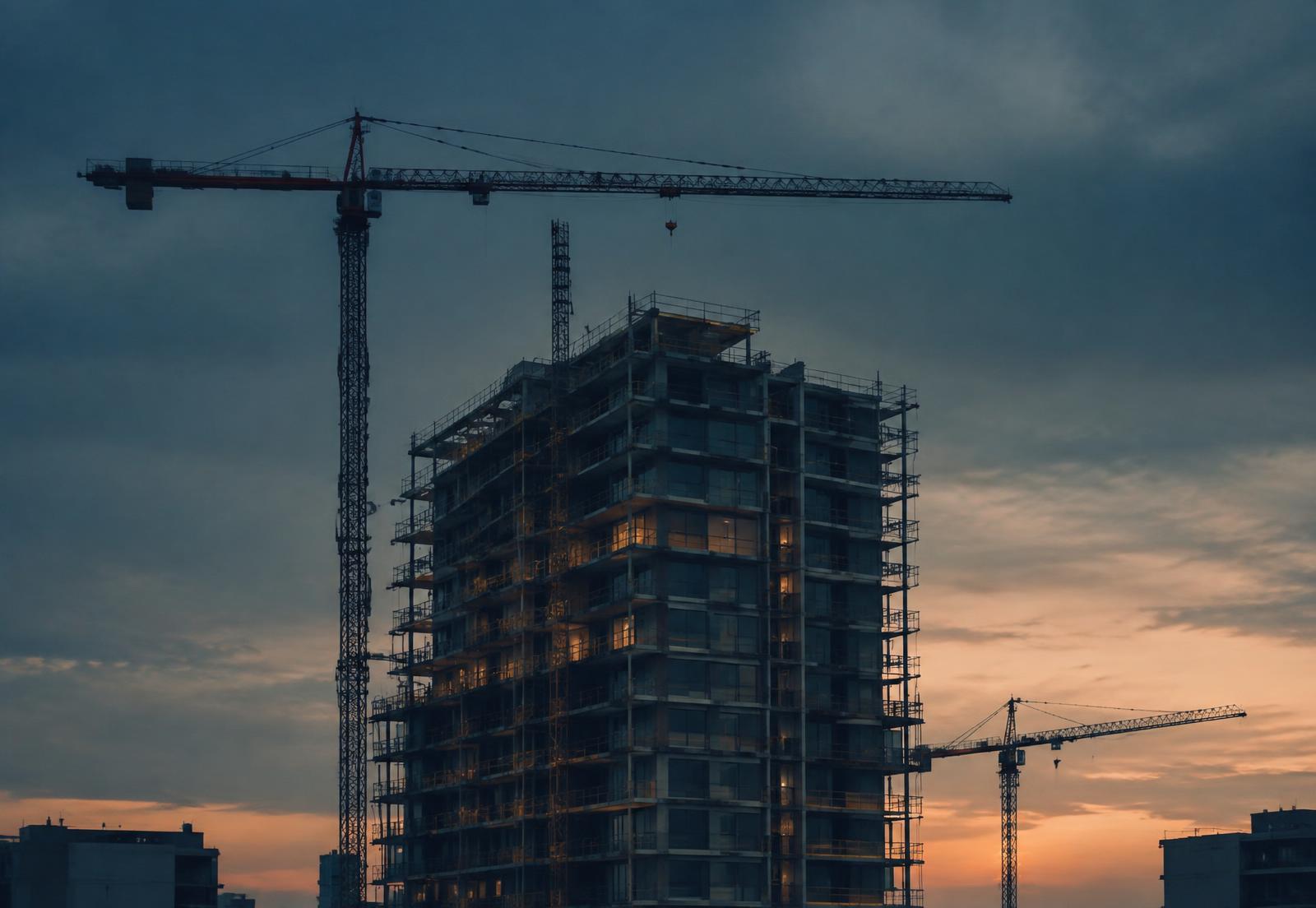 Residential tower under construction at dusk